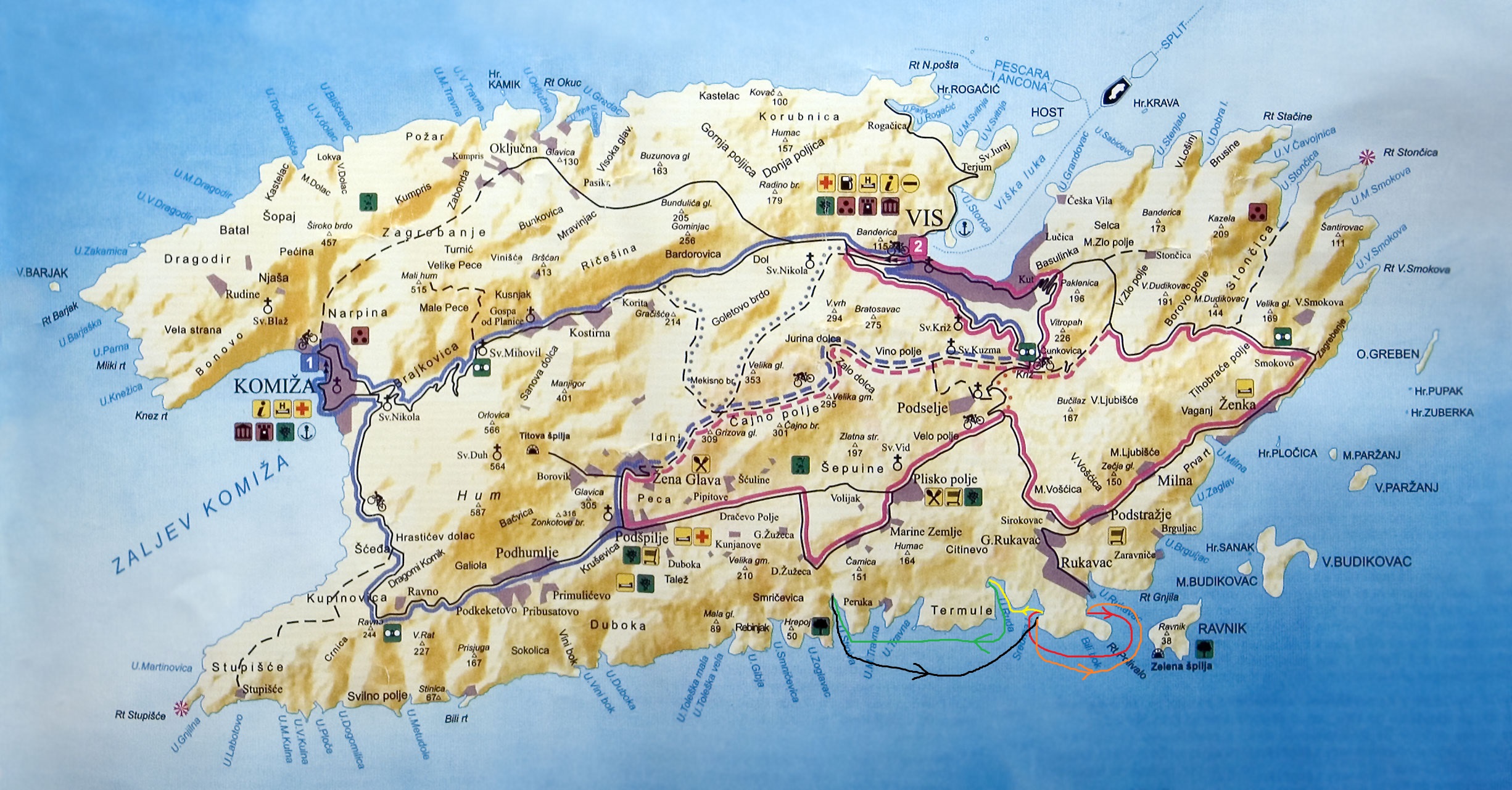 Nasza kajakowa trasa - etapami: I: Tepluš - Srebrna II: Srebrna - Ruda III: Ruda - Stiniva IV: Stiniva - Srebrna V: Srebrna - Tepluš. / wyspa_vis_mapa.jpg wyspa_vis_mapa.jpg